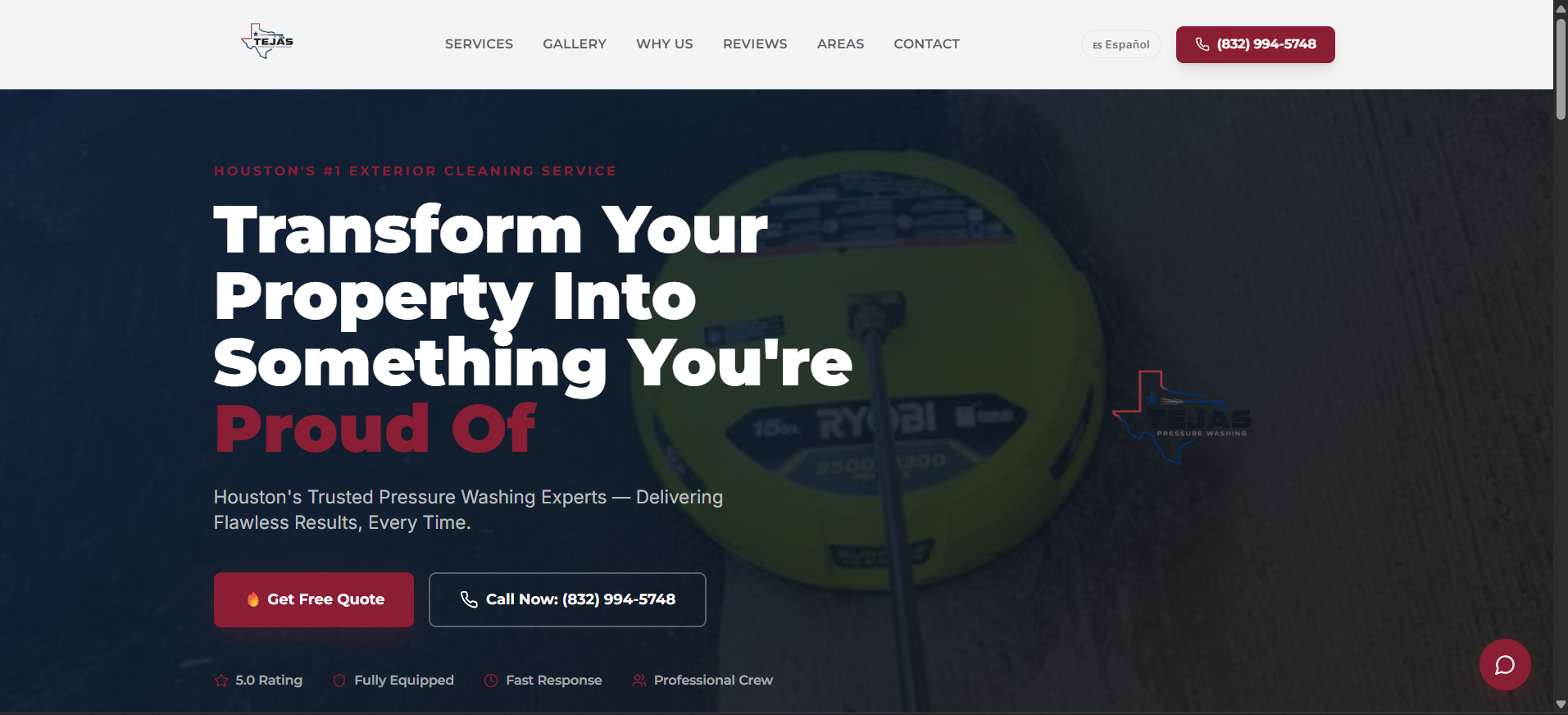 Homepage of the Tejas Pressure Wash website — Full-service website with AI chatbot, bilingual support, gallery, and service area pages for Houston's top exterior cleaning company.